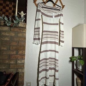 Cellecci Striped Knit Swim Coverup Maxi - Cream & Brown